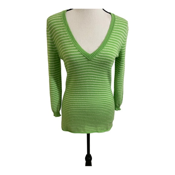 J crew womens V-neck striped cashmere sweater size Small green and white. - Picture 1 of 10